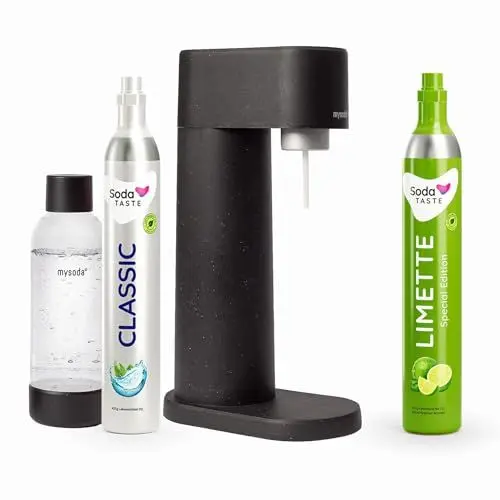 Produktbild: Sparpaket: Mysoda Woody - Wassersprudler aus erneuerbarem Holzkomposit mit 1L BPA-freier Plastikflasche, CO2-Zylinder Classic + CO2-Zylinder Limette (Schwarz)
