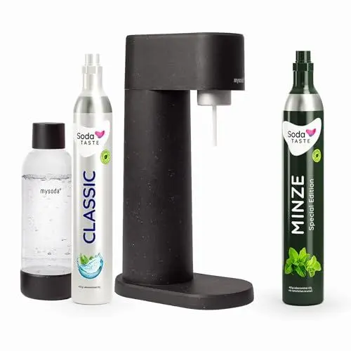 Produktbild: Sparpaket: Mysoda Woody - Wassersprudler aus erneuerbarem Holzkomposit mit 1L BPA-freier Plastikflasche, CO2-Zylinder Classic + CO2-Zylinder Minze (Schwarz)