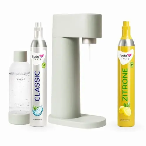 Produktbild: Sparpaket: Mysoda Woody - Wassersprudler aus erneuerbarem Holzkomposit mit 1L BPA-freier Plastikflasche, CO2-Zylinder Classic + CO2-Zylinder Zitrone (Hellgrün, Pigeon)