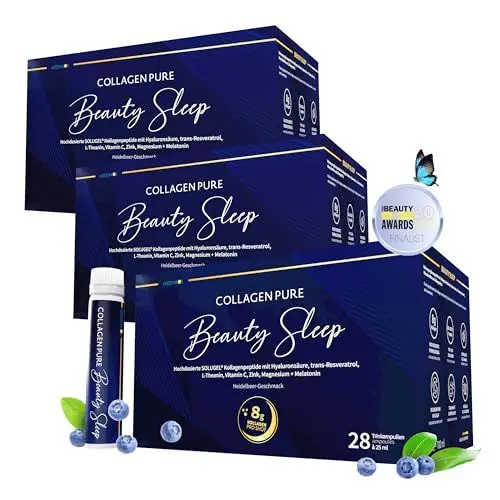 Produktbild: Spar-Set Collagen 8000mg + Melatonin - Hochdosiert Kollagen Trinkampullen - Magnesium Vitamin C Zink Hyaluronsäure Theanin Resveratrol - 28 Trinkampullen 1 Monat Vorrat - Blaubeergeschmack - MEDIAKOS