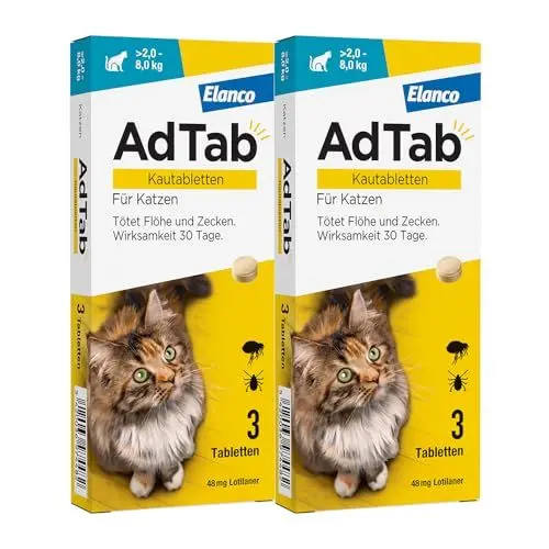 Produktbild: Sparset: Doppelpackung AdTab Floh- und Zeckenschutz für Katzen von über 2 bis 8 kg, Kautablette gegen Zecken und Flöhe, Schutz und Behandlung für 1 Monat, einfach zu verabreichen (3 St. pro Packung)