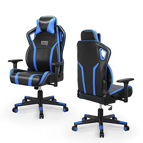 Produktbild: SpecStandard - Gaming-Stuhl, mit verstellbarem Neigungswiderstand und gepolsterter Kopfstütze, Schreibtischstuhl für Computer, Arbeit, Gaming, Schwarz/Blau
