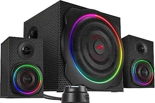 Produktbild: Speedlink GRAVITY CARBON RGB PC Lautsprecher 2.1 Soundsystem Bluetooth - mit Subwoofer aus Holz, Aktiv Lautsprechersystem 120 Watt, 3,5mm Klinke, AUX, Tischfernbedienung, schwarz