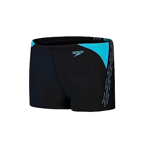 Produktbild: Speedo Junior Boy's Hyperboom Splice Aquashort Swimming Trunks | Chlorine Resistant | Quick Drying | Stretch Fabric | Print Detail, Black/Bolt, 9-10 Years