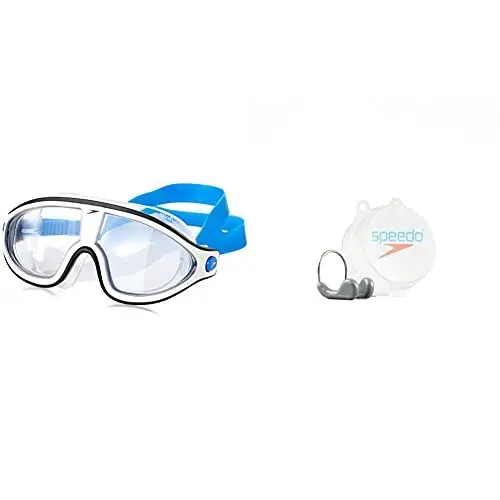Produktbild: Speedo Unisex-Erwachsene Biofuse Rift Mask Schwimmbrille, Bondi-Blau/Weiß/Transparent, Einheitsgröße & Unisex Wettkampf-nasenclip Nasenclip, Grau/metall,Einheitsgröße EU