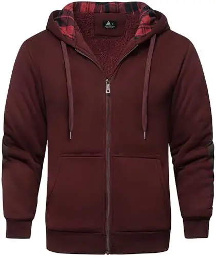 Produktbild: SPEEDRUN Hoodie Herren Gefütter Zippert Winterjacke Full Zip mit Karierte Kapuze Sweatjacke Fleecejacke Männer Reißverschluss Herbst Warm Winddicht Casual Outdoor Sport(Rot 3XL)