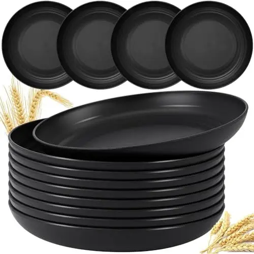 Produktbild: Speiseteller 8 Stück Camping Teller Ø200 mm Platten Plastik Geschirr Teller Mikrowellen- und Spülmaschinensicherheit, Salat-/Kuchen- / Dessertteller Schwarz