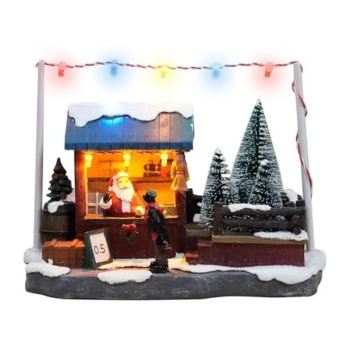 Produktbild: Spetebo LED Weihnachtsszene Verkaufsstand mit Weihnachtsmann - 19 x 14 cm - Deko Winterstadt Verkaufsbude bunt beleuchtet - Weihnachtsdorf Szene Tischdekoration Weihnachtsdeko beleuchtet