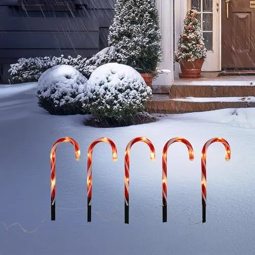 Produktbild: Spetebo LED Zuckerstange Leuchtstecker 39 cm mit Timer - 5er Set - Weihnachts Gartenstecker warm weiß beleuchtet Batterie betrieben - Winter Garten Deko Leuchtstecker Außen Batterie betrieben
