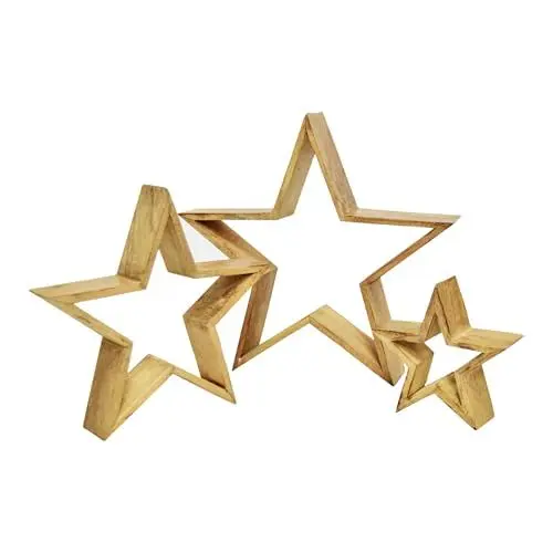Produktbild: Spetebo Mango Holz Stern Aufsteller 3er Set Natur - 39/29 / 20 cm - Holz Weihnachtstern Tisch Deko - Advent Winter Weihnachten Tisch Fenster Dekoration