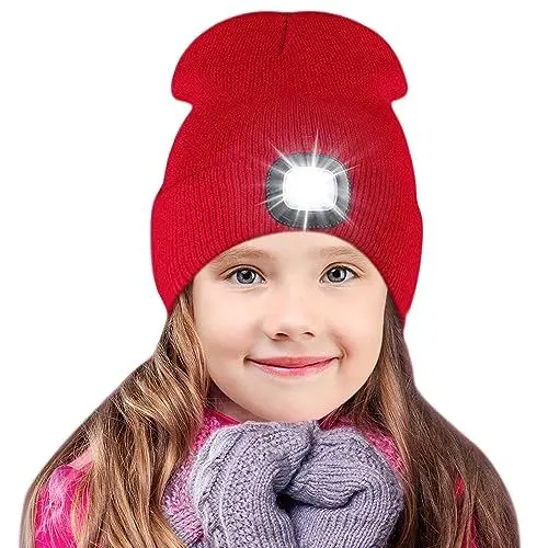 Produktbild: SPGOOD Wiederaufladbare mütze mit LED licht für Kinder, für Jungen und Mädchen, abnehmbare und waschbare warme beleuchtete mütze mit Lampe für den Winter im Freien(Rot)