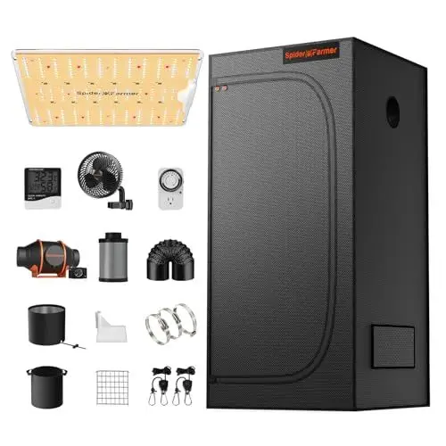 Produktbild: Spider Farmer SF1000D Growzelt Komplettset LED Grow Lampe Vollspektrum Samsung LM301B LEDs Growzelt Kit Komplettes 60x60x140cm Hydroponics 1680D Growing Tent Kit Belüftungssystem