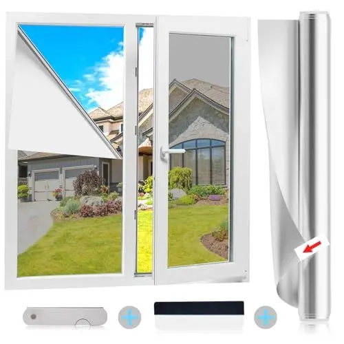 Produktbild: Spiegelfolie Fenster Sichtschutz Silber Selbstklebend Fensterfolie von innen durchsichtig von aussen Blickdicht UV-Schutz Sonnenschutz Fenster innen oder außen für Büro und Wohnzimmer (44.5X200cm)