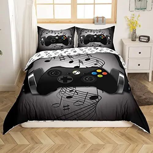 Produktbild: Spieler Bettbezug Schwarz Grau Kopfhörer Musikalisches Spiele Gamepad Trösterbezug für Kinder Jungen Videospielzimmer Dekor Retro Spiel Spieler Bettwäsche Set Spielen Regler Bettbezug, Sanft, 135x200