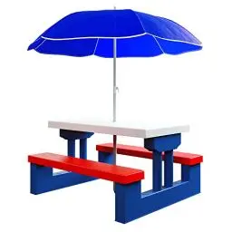 Produktbild: Spielwerk® Kindersitzgruppe Sonnenschirm UV Schutz Stecksystem Waschbar ABS Kunststoff Wasser Wetterfest Outdoor Picknicktisch Kindertisch Gartenmöbel