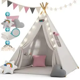 Produktbild: Spielwerk® Kindertipi Spielzelt Baumwolle 130x130x160cm Bodenmatte Girlande Lichterkette 3 Kissen Holz Stabilisierung Tragetasche Kinderzelt blau
