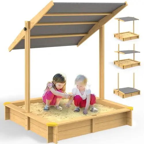 Produktbild: Spielwerk® Sandkasten Samu Sonnendach 120x120cm naturbelassenes Holz Füllstand Skala UV 50 Kantenschutz Bodenvlies Sandspielzeug Kinder Sandbox Sandkiste