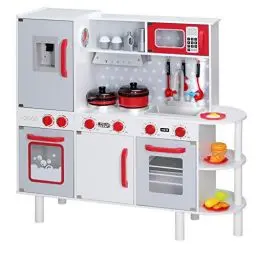 Produktbild: Spielwerk® Kinder Küche mit Sound Holz Zubehör 38tlg Backofen Abgerundete Kanten Höhenverstellbar Uhr Kinderküche Spielküche Spielzeugküche Lernspiel