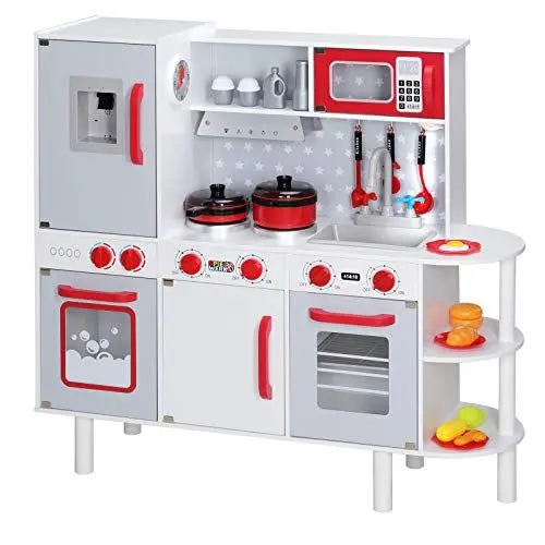 Produktbild: Spielwerk® Kinder Küche mit Sound Holz Zubehör 38tlg Backofen Abgerundete Kanten Höhenverstellbar Uhr Kinderküche Spielküche Spielzeugküche Lernspiel