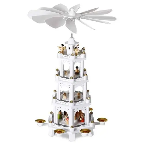 Produktbild: Spielwerk® Weihnachtspyramide Groß 4-Stöckig Klassisch Drehend Echtholz Handbemalt Indoor Weihnachtsdekoration Weiß