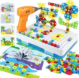 Produktbild: Spielzeug ab 3 Jahre Mosaik Steckspiel mit Elektrische Bohrmaschine Schrauben Steckspiel Kinder Werkzeug Montessori Spielzeug Puzzle ab 3 Jahre Akkuschrauber Geschenke 3 4 Jahre Junge 224 Stück