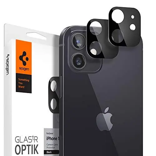 Produktbild: Spigen Glas.tR Optik Kameraschutz kompatibel mit iPhone 12, 2 Stück, Schwarz, Anti-Kratzer, 9H Härte Schutzfolie