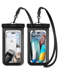 Produktbild: Spigen wasserdichte Handyhülle (Aqua Shield) (2 Stick) IPX8 wasserfeste Handytasche Unterwasser Hülle kompatibel mit iPhone 16/15/14/13 Serien, Galaxy S25/S24/S23 und Allen Smartphones - Schwarz