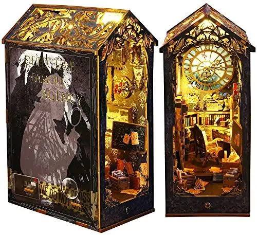 Produktbild: Spilay DIY Book Nook Kit, DIY Puppenhäuser Holz Miniatur Haus Möbel Kit Mit LED-Licht,3D Holzpuzzle Buchstütze Bücherregal Dekoration,Buchstützen Modell Build-Creativity Kit (Detective Famous Agency)