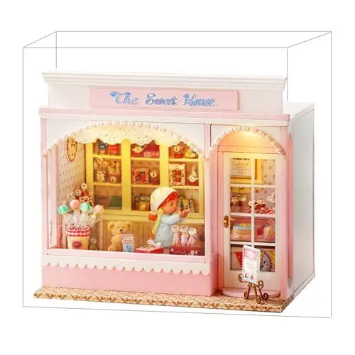 Produktbild: Spilay DIY Miniatur Puppenhaus Set mit Holzmöbeln, Staubschutzhülle und LED DIY Puppenhaus Kit, handgefertigtes Kunsthandwerk, Geburtstags, Weihnachts und Valentinstagsgeschenke (F-016)