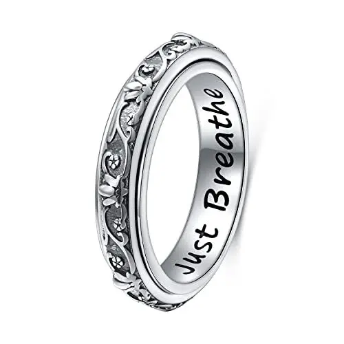 Produktbild: DAOCHONG Spinner Zappel Ringe S925 Sterlingsilber Lotusblume Yoga Just Breathe Anxiety Worry Band Oxidiertes Fidget Stressabbau Langeweile ADHS Autismus Ringe für Damen Herren(51.9)