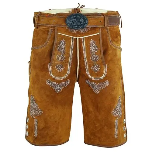 Produktbild: Spirit of Bavaria Trachten Lederhose Herren Kurz mit Gürtel - Kurze Trachtenhose - bayerische Trachtenlederhose - Oktoberfest Tracht Hose Braun 507 Gr. 52