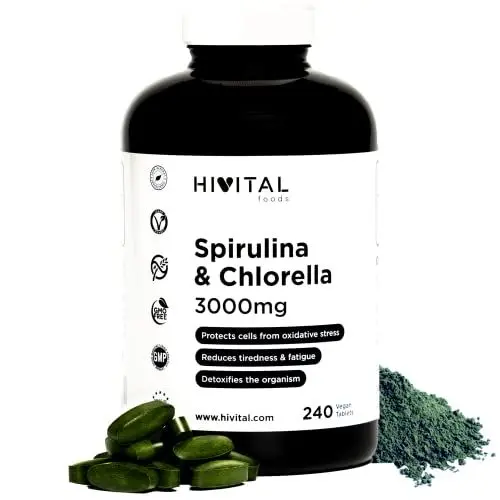 Produktbild: Spirulina und Chlorella BIO 3000 mg. 240 vegane Tabletten für fast 3 Monate. Natürliches Eiweiß aus Spirulina und Chlorella Algen. Hergestellt von HIVITAL