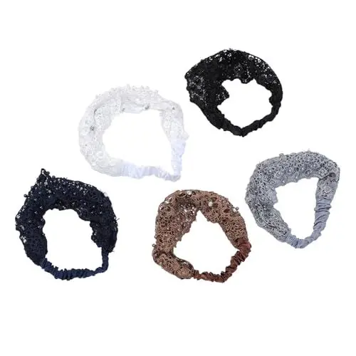 Produktbild: Spitzen-Stirnbänder, 5 Stück, Damen-Haarbänder mit Floraler Perle, Elastische Spitze, Breiter, Atmungsaktiver Kopfwickel, Zubehör für Yoga, Laufen