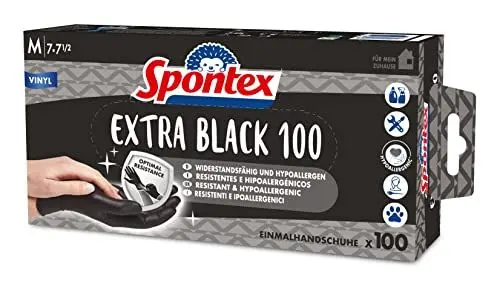Produktbild: SPONTEX Extra Black Einmalhandschuhe aus Vinyl, ungepudert und latexfrei, vielseitig einsetzbar, in praktischer Spenderbox, Größe M, 100er Pack, schwarz