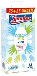 Produktbild: Spontex Color Mix Einmalhandschuhe (bunte, aus Vinyl im Farbmix, latexfrei und ungepudert) Größe M (1 x 100 Stück)