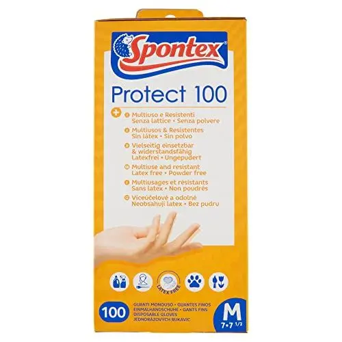 Produktbild: Spontex Extra 100 Einmalhandschuhe (aus Vinyl, ungepudert, besonders hautverträglich und reißfest) Größe M (1 x 100 Stück)