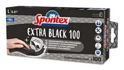 Produktbild: Spontex Extra Black Einmalhandschuhe aus Vinyl, ungepudert und latexfrei, vielseitig einsetzbar, in praktischer Spenderbox, Größe L, 100er Pack, schwarz