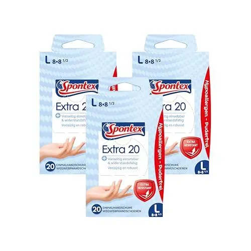Produktbild: Spontex Extra Einmalhandschuhe aus Vinyl, widerstandsfähig, besonders hautverträglich und puderfrei, in praktischer Spenderbox, Größe L, 3 x 20 Stück
