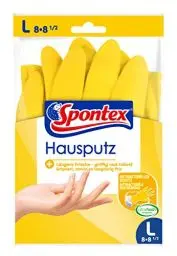Produktbild: Spontex Hausputz Handschuhe, für alle Putz- und Pflegearbeiten im Haushalt, griffig und robust, innen mit Baumwollbeflockung, Größe L (10 x 1 Paar), Gelb
