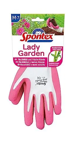 Produktbild: Spontex Lady Garden Handschuhe, Gartenhandschuhe für Damen, weicher Strick aus Bambus-Viskosefasern, mit Latexbeschäumung, Größe M, Farbe nicht frei wählbar, 1 Paar