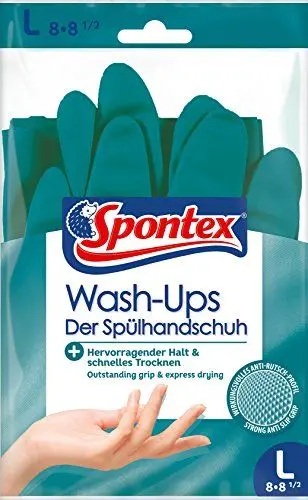 Produktbild: Spontex Wash-Ups Handschuhe, Spülhandschuhe mit Anti-Rutsch-Profil für optimale Geschirrkontrolle, schnelltrocknend, hohes Tastempfinden, Größe L, 1 Paar