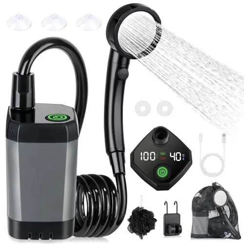 Produktbild: Spopal Campingdusche Tragbare, (6000mAh) Camping Dusche mit Pumpe und Temperaturanzeige, Camping Dusche Outdoor Set mit Duschkopf und 2M Schlauch für Garten, Autowaschen, Strand, Reisen, Haustier
