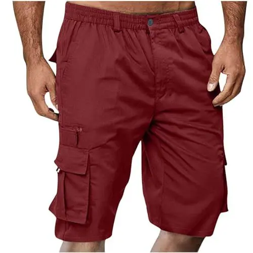 Produktbild: Sport Cargo Shorts für Herren halbe Twill Hose mit Mehreren Taschen elastische Taille Knopf gerade Kurze Kampfhose einfarbige knielange Arbeitshose