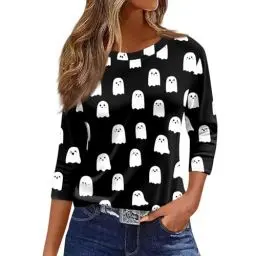 Produktbild: Sport Kleidung Frauen, Halloween Kostüm Vampir Damen Gothic Kleidung Helloween Konzert Outfit Bluse 3 4 Arm Bügelfrei Weiß Tshirt T Shirt Selbst Gestalten Schwarz XL