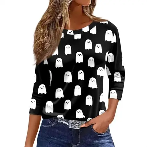 Produktbild: Sport Kleidung Frauen, Halloween Kostüm Vampir Damen Gothic Kleidung Helloween Konzert Outfit Bluse 3 4 Arm Bügelfrei Weiß Tshirt T Shirt Selbst Gestalten Schwarz XL