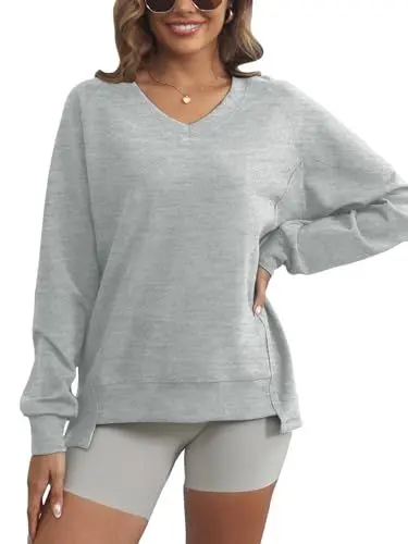 Produktbild: Sport Oberteil Langarm Oversize Y2k Langarmshirt Lockeres Seitlicher Reißverschluss Sweatshirt Pullover Damen Grau L Größe 42-44