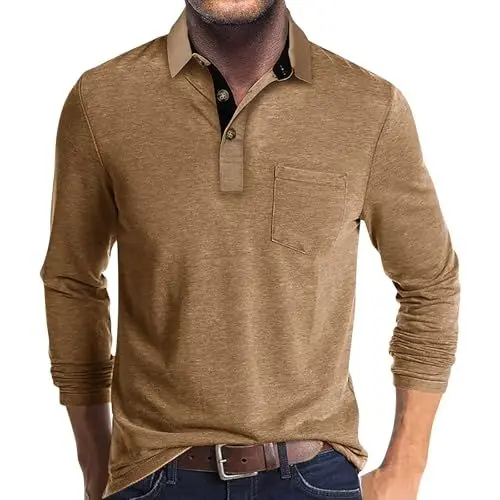 Produktbild: Poloshirt Herren Langarm - Schwarz, Grau, Beige - Business Arbeits T-Shirt, Schlafanzug Oberteil - Größe L