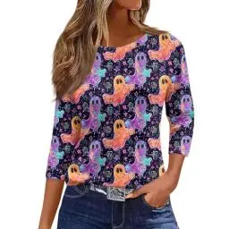 Produktbild: Sport Shirts Damen, T-Shirts für Damen Shirt 3/4 Arm Kostüme Halloween Tshirt Große Größen Business Outfit Top Model Tasche Basic Lila S