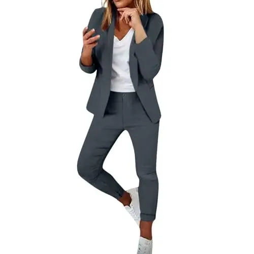 Produktbild: 2 teiler damen sommer,Hosenanzug Zweiteiler Damen Elegant Business Anzuge Set 2 Teilig Einfarbig Blazer Hose Festlich Lange Hosenanzüge Streetwear Trainingsanzüge Sportlich Outfit,Dunkelgrau XL
