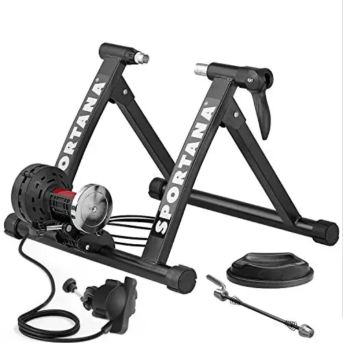 Produktbild: SPORTANA® Rollentrainer Fahrrad - 6 Gänge, 26-28 Zoll, bis 150 kg belastbar, Stahlrahmen, geräuscharm, klappbar, Magnetrolle, Fahrradtrainer für Indoor-Heimtraining, Trainingsständer für Fahrrad